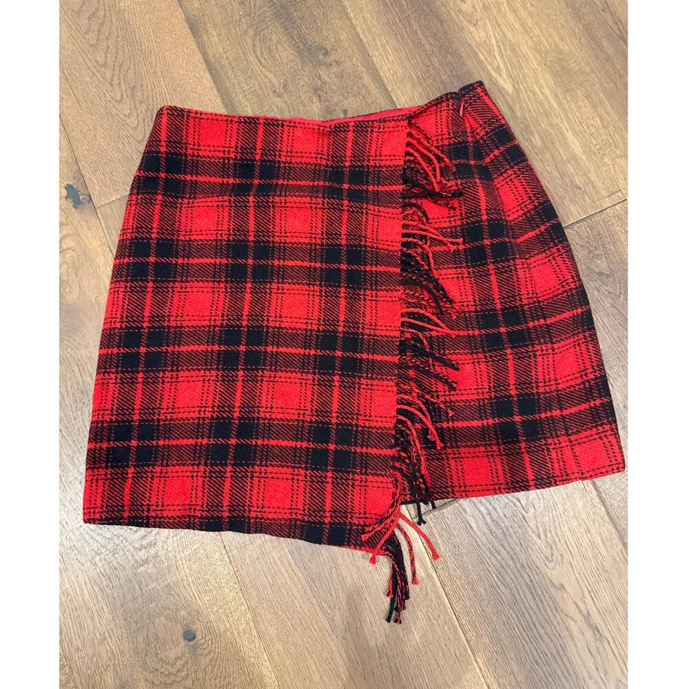 LOFT Plaid Fringe Wrap Mini Skirt Red Black Wool Blend Tartan Preppy Y2K Sz 10